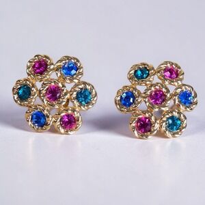 Swarovski Gold Tone Cluster Multi Color Pierced Earrings Crystal Signed Vintage